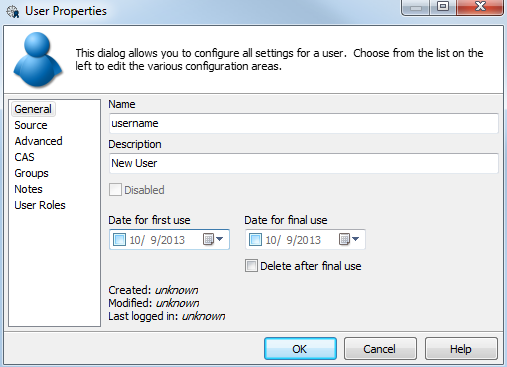 User Properties dialog with the General option selected.